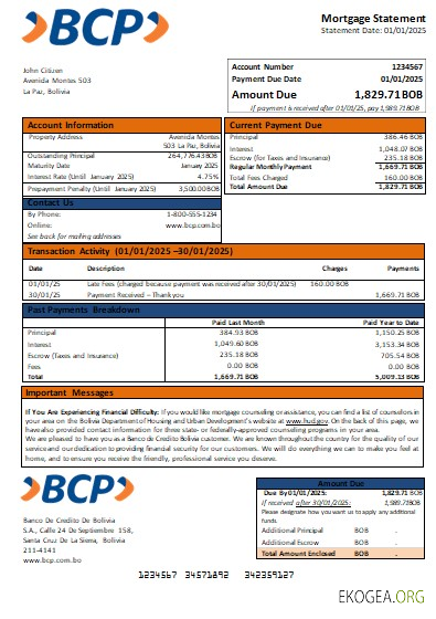 Banco de Credito Bolivie relevé hypothécaire bancaire scr